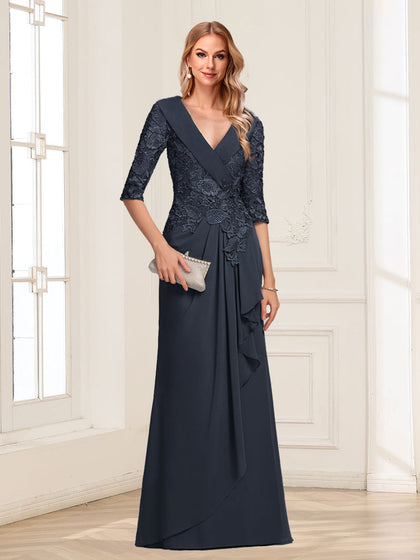 Robe de Mère de la Mariée en Mousseline de Soie, Coupe A-Line/Princesse, Col en V, Manches 3/4 avec Volants et Appliqués