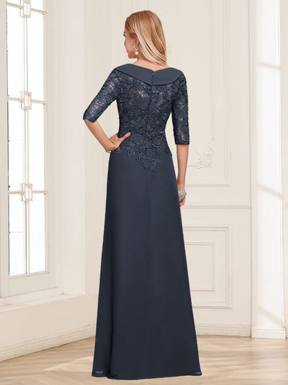 Robe de Mère de la Mariée en Mousseline de Soie, Coupe A-Line/Princesse, Col en V, Manches 3/4 avec Volants et Appliqués