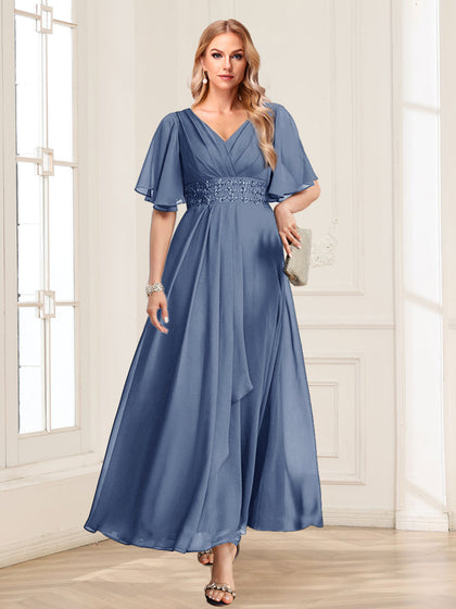 Robes de Mère de la Mariée Coupe A-Line/Princesse, Col en V, Manches Courtes, Volants
