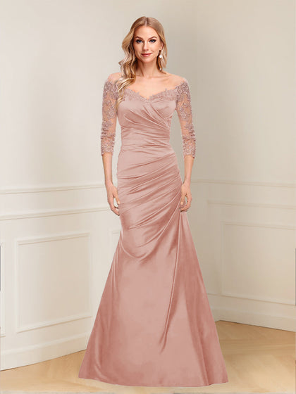 Robe Mère de la Mariée Trompette/Sirène à Épaules Dénudées et Manches Longues avec Appliques