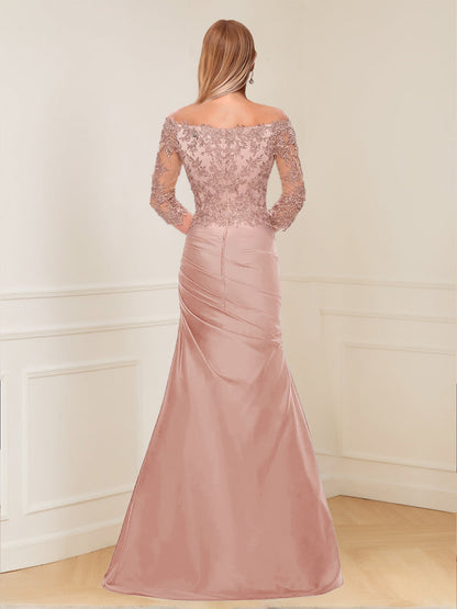 Robe Mère de la Mariée Trompette/Sirène à Épaules Dénudées et Manches Longues avec Appliques