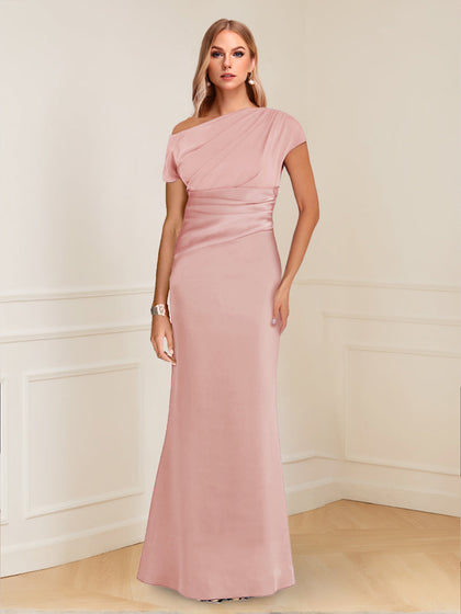 Robes de Mère de la Mariée Asymétriques à Une Épaule et Manches Courtes, Fourreau/Colonne avec Fronces