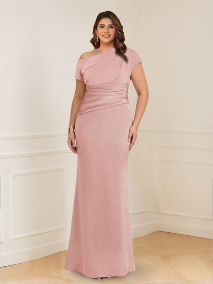 Gaine/Colonne Asymétrique Une épaule Manches Courtes Robes Mère de la Mariée Grande Taille avec Ruché
