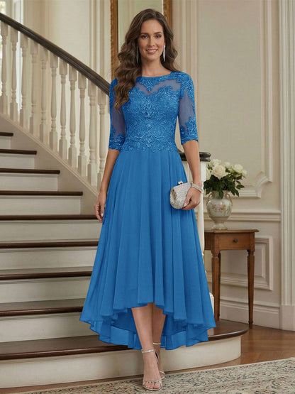 Robe de la mère de la mariée trapèze asymétrique, col rond, demi-manches, froncée avec appliqués