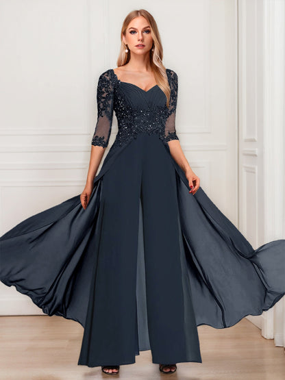 Tailleur-Pantalon en Mousseline à Col en V et Manches Mi-Longues Pour Mère de la Mariée avec Appliques