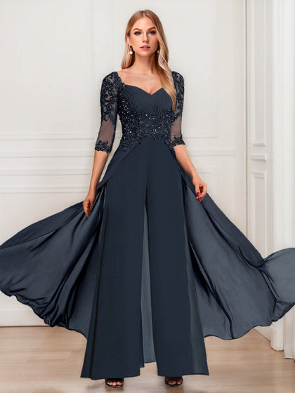 Tailleur-Pantalon en Mousseline à Col en V et Manches Mi-Longues Pour Mère de la Mariée avec Appliques