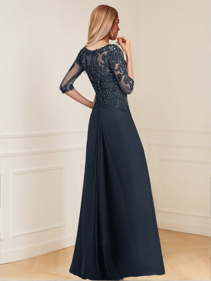 Tailleur-Pantalon en Mousseline à Col en V et Manches Mi-Longues Pour Mère de la Mariée avec Appliques
