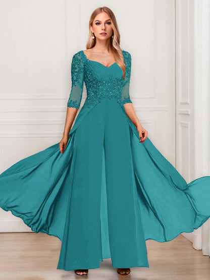 Tailleur-Pantalon en Mousseline à Col en V et Manches Mi-Longues Pour Mère de la Mariée avec Appliques