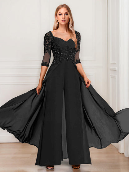 Tailleur-Pantalon en Mousseline à Col en V et Manches Mi-Longues Pour Mère de la Mariée avec Appliques