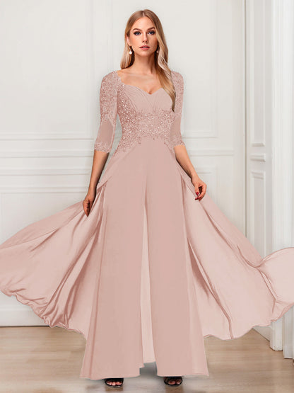 Tailleur-Pantalon en Mousseline à Col en V et Manches Mi-Longues Pour Mère de la Mariée avec Appliques