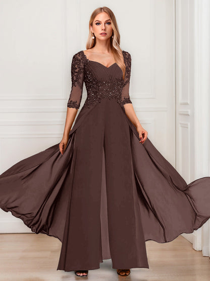 Tailleur-Pantalon en Mousseline à Col en V et Manches Mi-Longues Pour Mère de la Mariée avec Appliques