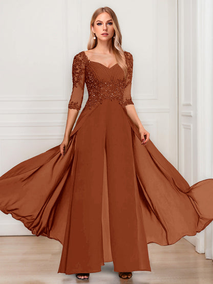 Tailleur-Pantalon en Mousseline à Col en V et Manches Mi-Longues Pour Mère de la Mariée avec Appliques