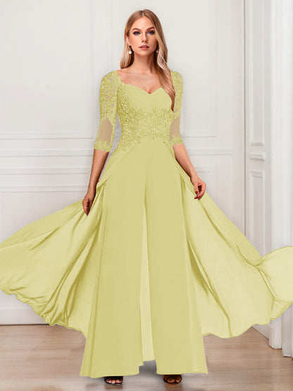 Tailleur-Pantalon en Mousseline à Col en V et Manches Mi-Longues Pour Mère de la Mariée avec Appliques