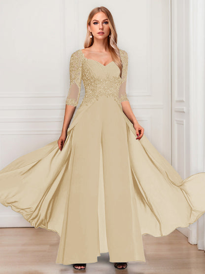 Tailleur-Pantalon en Mousseline à Col en V et Manches Mi-Longues Pour Mère de la Mariée avec Appliques