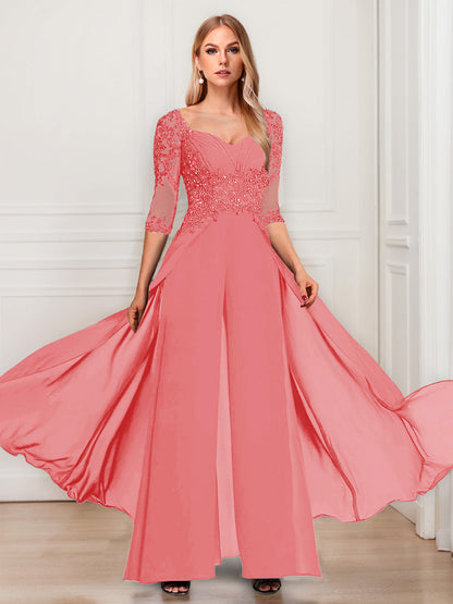 Tailleur-Pantalon en Mousseline à Col en V et Manches Mi-Longues Pour Mère de la Mariée avec Appliques