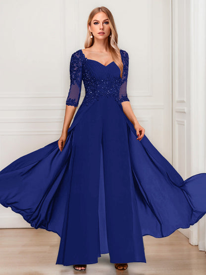 Tailleur-Pantalon en Mousseline à Col en V et Manches Mi-Longues Pour Mère de la Mariée avec Appliques