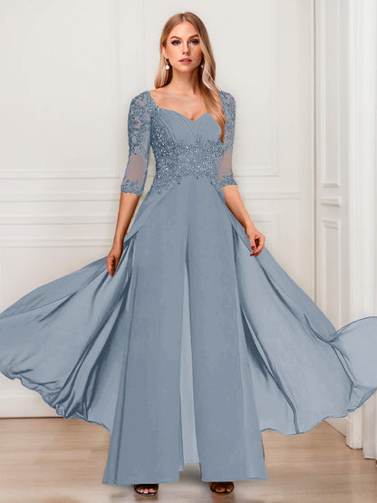 Tailleur-Pantalon en Mousseline à Col en V et Manches Mi-Longues Pour Mère de la Mariée avec Appliques