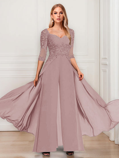 Tailleur-Pantalon en Mousseline à Col en V et Manches Mi-Longues Pour Mère de la Mariée avec Appliques