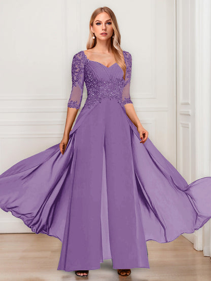 Tailleur-Pantalon en Mousseline à Col en V et Manches Mi-Longues Pour Mère de la Mariée avec Appliques