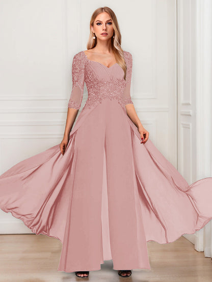 Tailleur-Pantalon en Mousseline à Col en V et Manches Mi-Longues Pour Mère de la Mariée avec Appliques