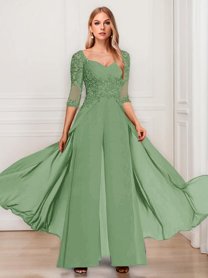 Tailleur-Pantalon en Mousseline à Col en V et Manches Mi-Longues Pour Mère de la Mariée avec Appliques