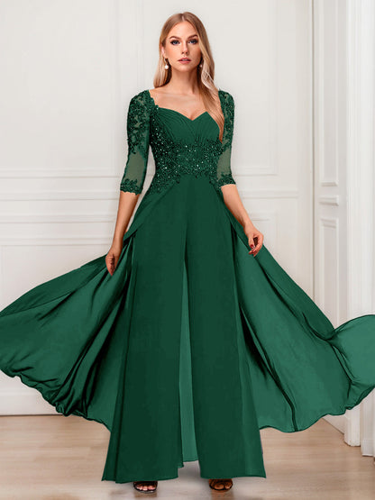 Tailleur-Pantalon en Mousseline à Col en V et Manches Mi-Longues Pour Mère de la Mariée avec Appliques