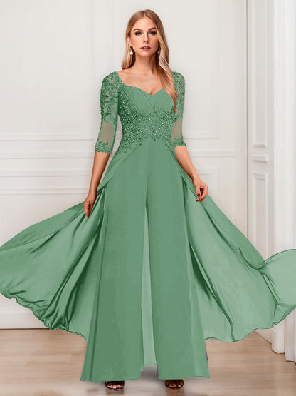 Tailleur-Pantalon en Mousseline à Col en V et Manches Mi-Longues Pour Mère de la Mariée avec Appliques