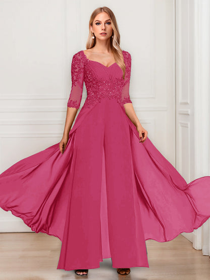 Tailleur-Pantalon en Mousseline à Col en V et Manches Mi-Longues Pour Mère de la Mariée avec Appliques