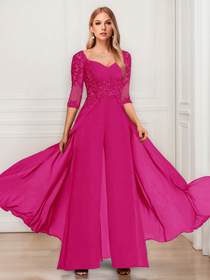 Tailleur-Pantalon en Mousseline à Col en V et Manches Mi-Longues Pour Mère de la Mariée avec Appliques