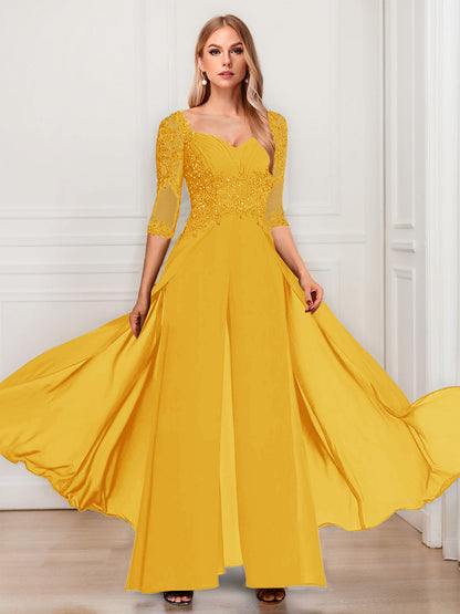 Tailleur-Pantalon en Mousseline à Col en V et Manches Mi-Longues Pour Mère de la Mariée avec Appliques