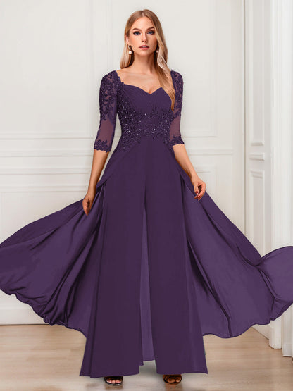 Tailleur-Pantalon en Mousseline à Col en V et Manches Mi-Longues Pour Mère de la Mariée avec Appliques