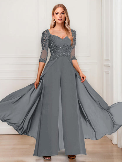 Tailleur-Pantalon en Mousseline à Col en V et Manches Mi-Longues Pour Mère de la Mariée avec Appliques