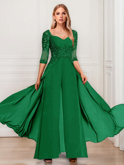 Tailleur-Pantalon en Mousseline à Col en V et Manches Mi-Longues Pour Mère de la Mariée avec Appliques