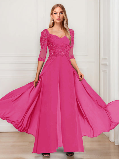 Tailleur-Pantalon en Mousseline à Col en V et Manches Mi-Longues Pour Mère de la Mariée avec Appliques