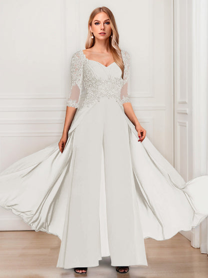 Tailleur-Pantalon en Mousseline à Col en V et Manches Mi-Longues Pour Mère de la Mariée avec Appliques