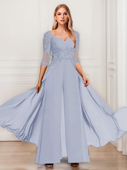 Tailleur-Pantalon en Mousseline à Col en V et Manches Mi-Longues Pour Mère de la Mariée avec Appliques