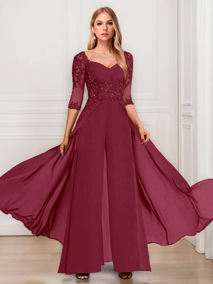 Tailleur-Pantalon en Mousseline à Col en V et Manches Mi-Longues Pour Mère de la Mariée avec Appliques