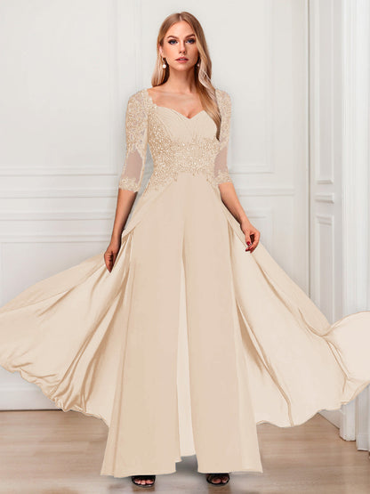 Tailleur-Pantalon en Mousseline à Col en V et Manches Mi-Longues Pour Mère de la Mariée avec Appliques
