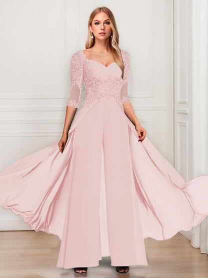 Tailleur-Pantalon en Mousseline à Col en V et Manches Mi-Longues Pour Mère de la Mariée avec Appliques