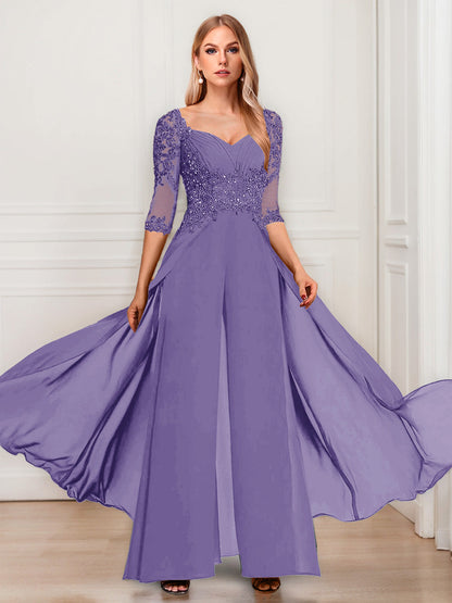 Tailleur-Pantalon en Mousseline à Col en V et Manches Mi-Longues Pour Mère de la Mariée avec Appliques