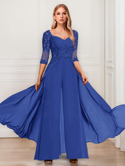 Tailleur-Pantalon en Mousseline à Col en V et Manches Mi-Longues Pour Mère de la Mariée avec Appliques