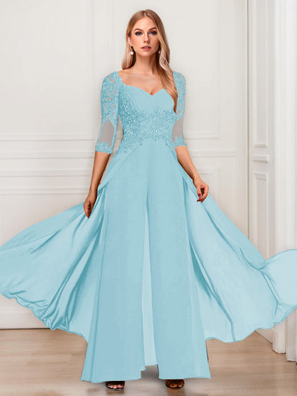 Tailleur-Pantalon en Mousseline à Col en V et Manches Mi-Longues Pour Mère de la Mariée avec Appliques