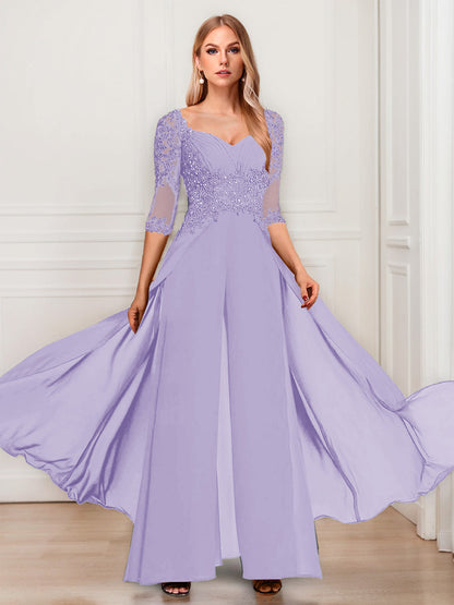 Tailleur-Pantalon en Mousseline à Col en V et Manches Mi-Longues Pour Mère de la Mariée avec Appliques