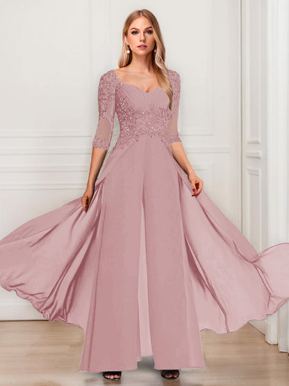 Tailleur-Pantalon en Mousseline à Col en V et Manches Mi-Longues Pour Mère de la Mariée avec Appliques