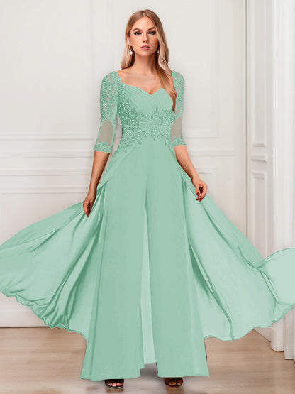 Tailleur-Pantalon en Mousseline à Col en V et Manches Mi-Longues Pour Mère de la Mariée avec Appliques