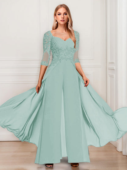 Tailleur-Pantalon en Mousseline à Col en V et Manches Mi-Longues Pour Mère de la Mariée avec Appliques