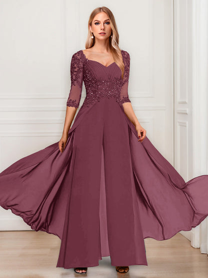 Tailleur-Pantalon en Mousseline à Col en V et Manches Mi-Longues Pour Mère de la Mariée avec Appliques