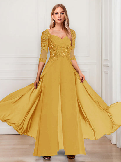 Tailleur-Pantalon en Mousseline à Col en V et Manches Mi-Longues Pour Mère de la Mariée avec Appliques