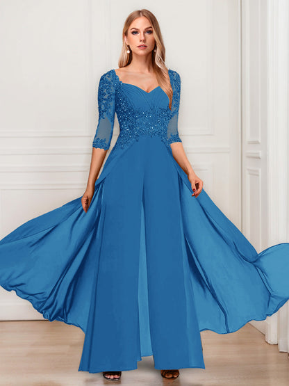 Tailleur-Pantalon en Mousseline à Col en V et Manches Mi-Longues Pour Mère de la Mariée avec Appliques