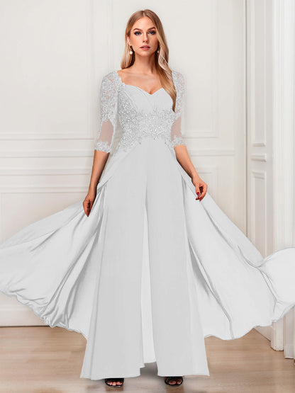 Tailleur-Pantalon en Mousseline à Col en V et Manches Mi-Longues Pour Mère de la Mariée avec Appliques